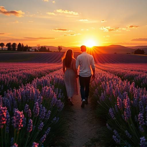 Image d'un couple se promenant dans un champ de lavande au coucher du soleil