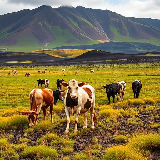 Image d'un troupeau de vaches paissant dans un pré volcanique