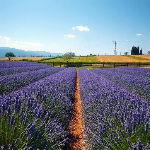 Image d'une ferme traditionnelle au milieu des champs de lavande