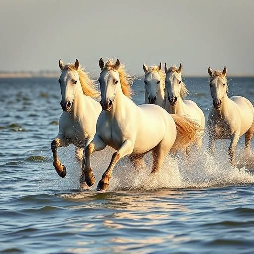 Image de la Camargue : chevaux blancs galopant dans l'eau