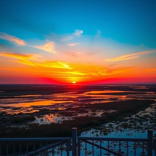 Image de la Camargue : coucher de soleil flamboyant sur les marais salants