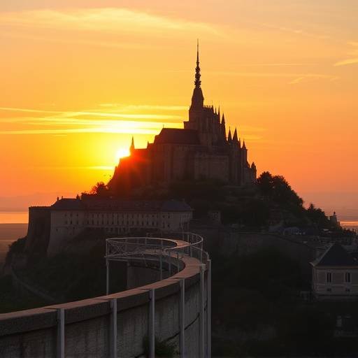 Image des remparts du Mont Saint-Michel au coucher du soleil