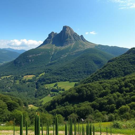 Image du Puy de Dôme vu d'une vallée verdoyante